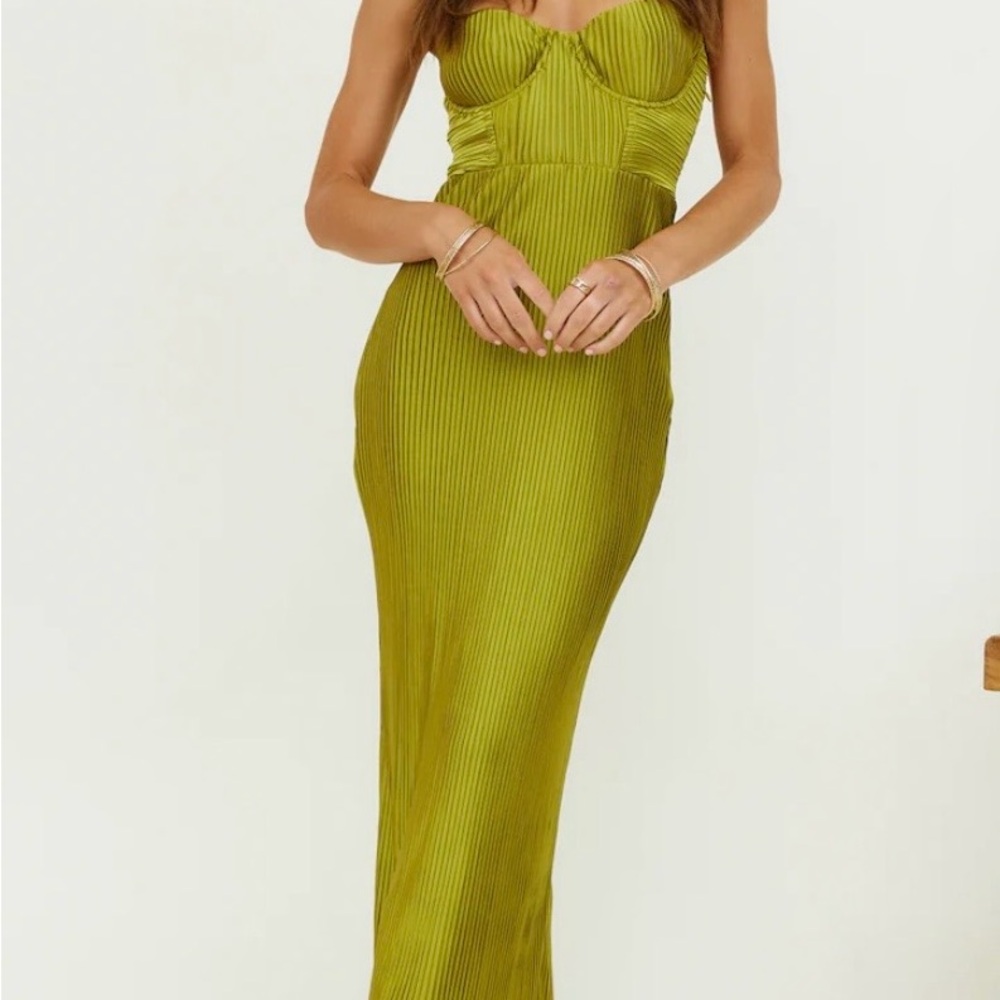Fortunate One Strapless Olive Bustier Ribbed Maxi Dress